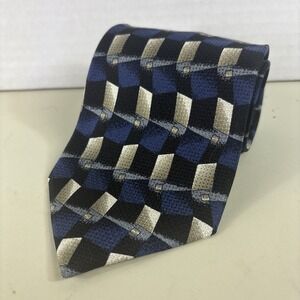 100% Italian Silk Necktie DC DANIEL CRAIG Tie Blue/Black/Beige 80s Art Geometric
